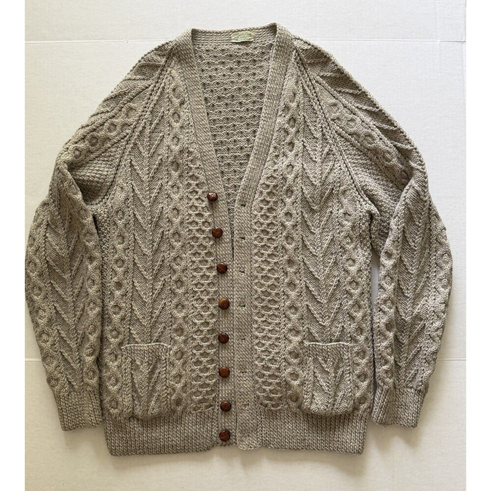 VTG Hand Knit Irish Wool Sweater Fisherman Cardigan Size M/L J Babbington Beige